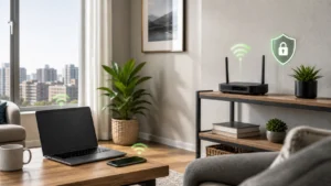 Apartment Wi-Fi router with secure network shield icon in a Canadian apartment