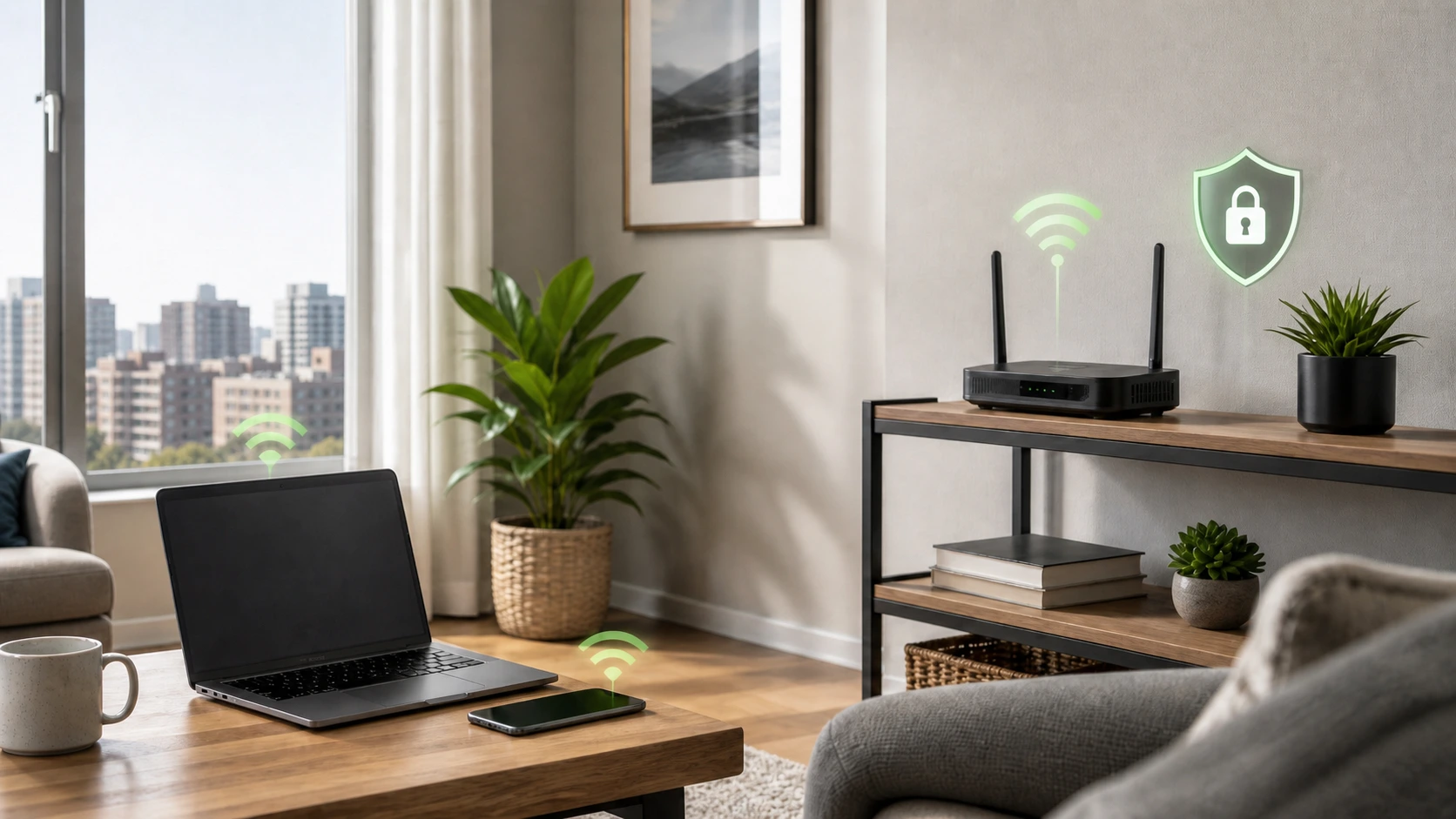 Apartment Wi-Fi router with secure network shield icon in a Canadian apartment