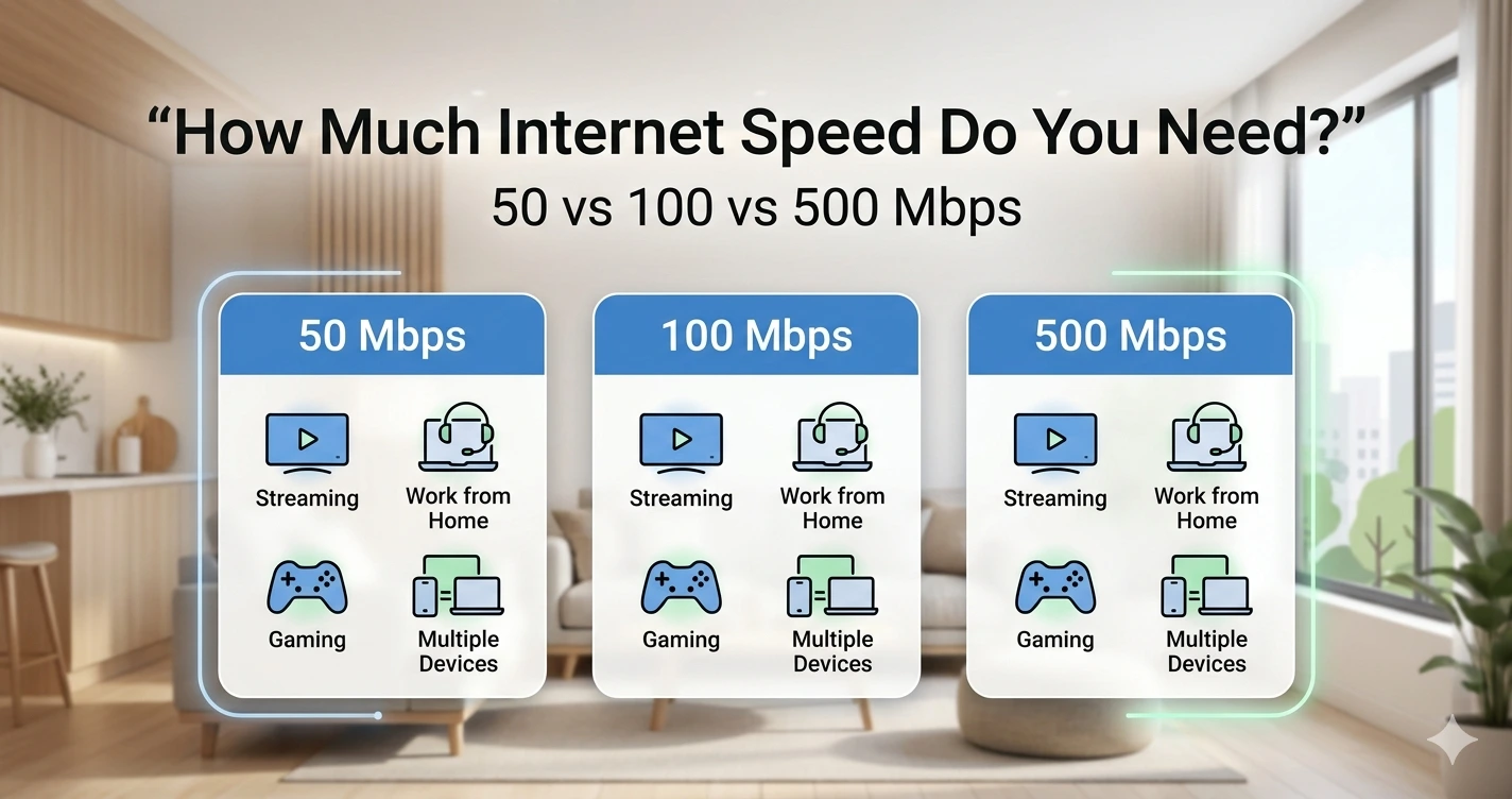 Internet speed comparison showing 50 Mbps, 100 Mbps, and 500 Mbps options for Canadian homes.