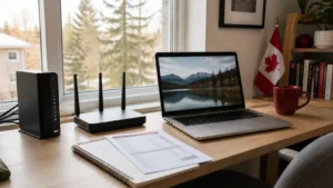 Home internet setup with modem, Wi-Fi router, laptop, and bill for Cogeco review.